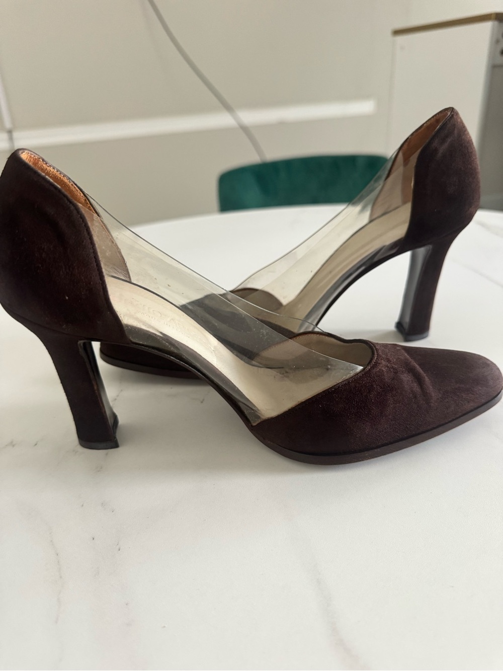Giorgio Armani Vintage Brown Suede & Clear Vinyl Pumps – Made in Italy – Size 38